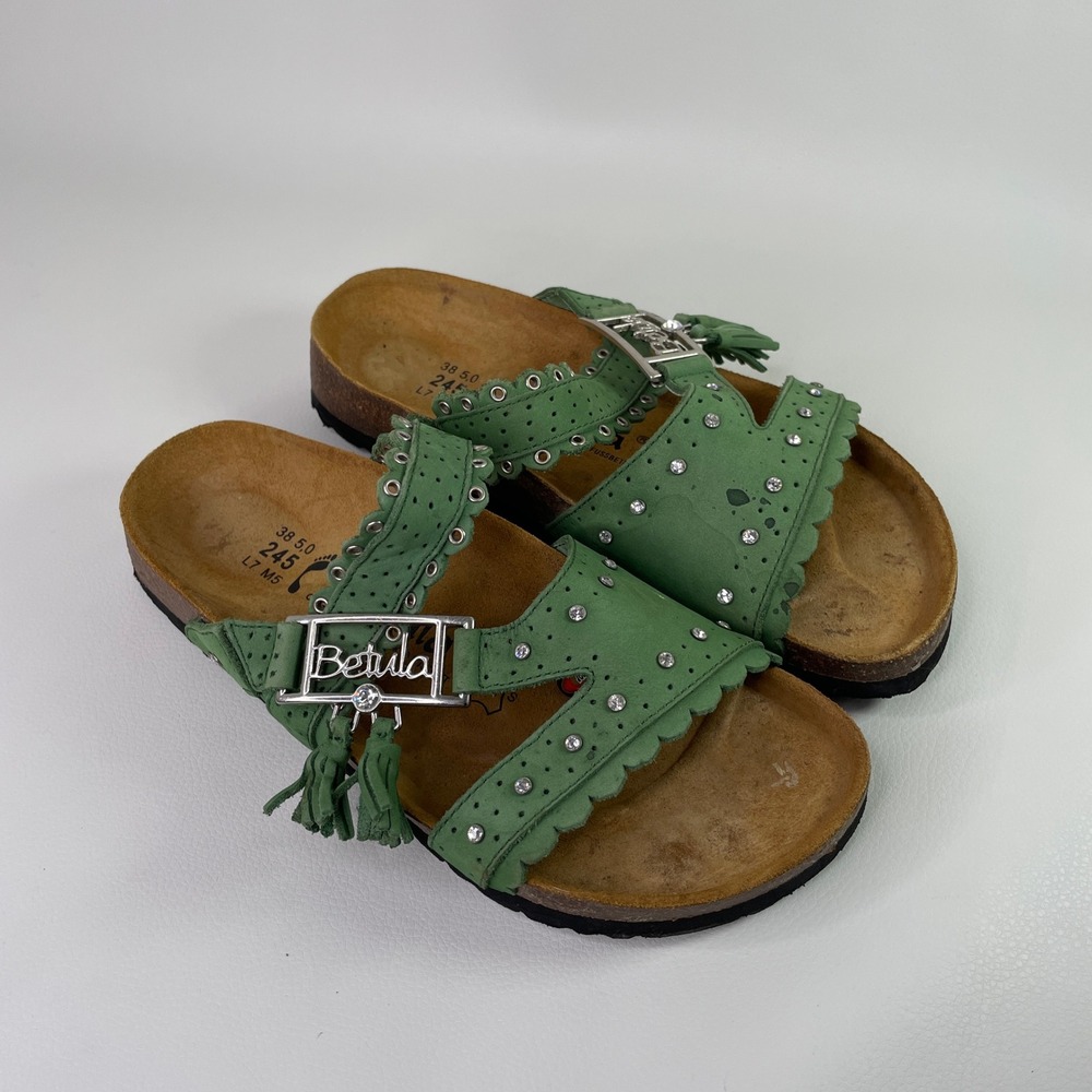 Original Birkenstock Betula Green Leather Rhinestone Tassel Sandals Women 38 L7
